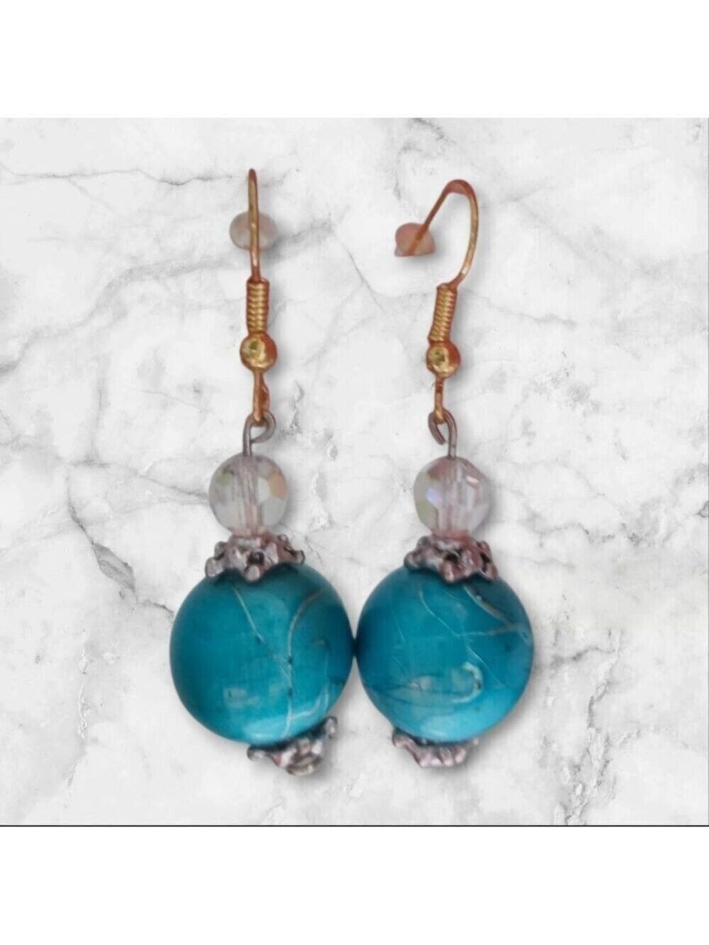 Lilyknot Turquoise Glass Earrings, Silver Caps, Gold Wire, 2.75 in Handmade